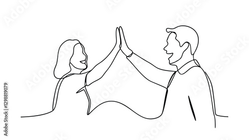 A singleline drawing depicts a man and woman giving each other a celebratory high five. They express joy and accomplishment through their body language and facial expressions.