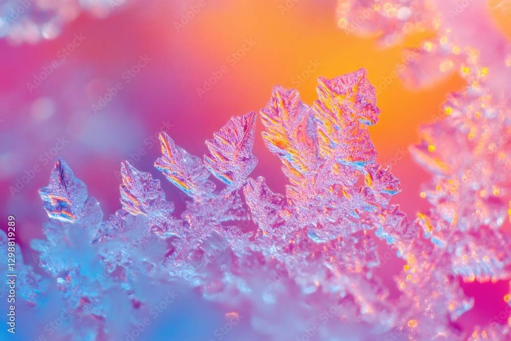 Naklejka premium Macro Ice Crystal: A detailed close-up shot of intricate ice crystals, showcasing delicate patterns and textures with a vibrant color gradient.