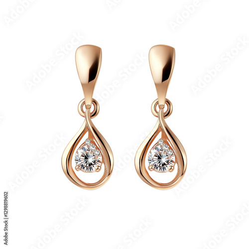 Elegant rose gold earrings featuring sparkling diamond accents in a teardrop design, Isolated on white background.