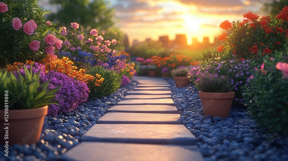 Fototapeta premium Garden pathway leading toward city skyline view, amidst blossoming plants under vibrant sunset skies