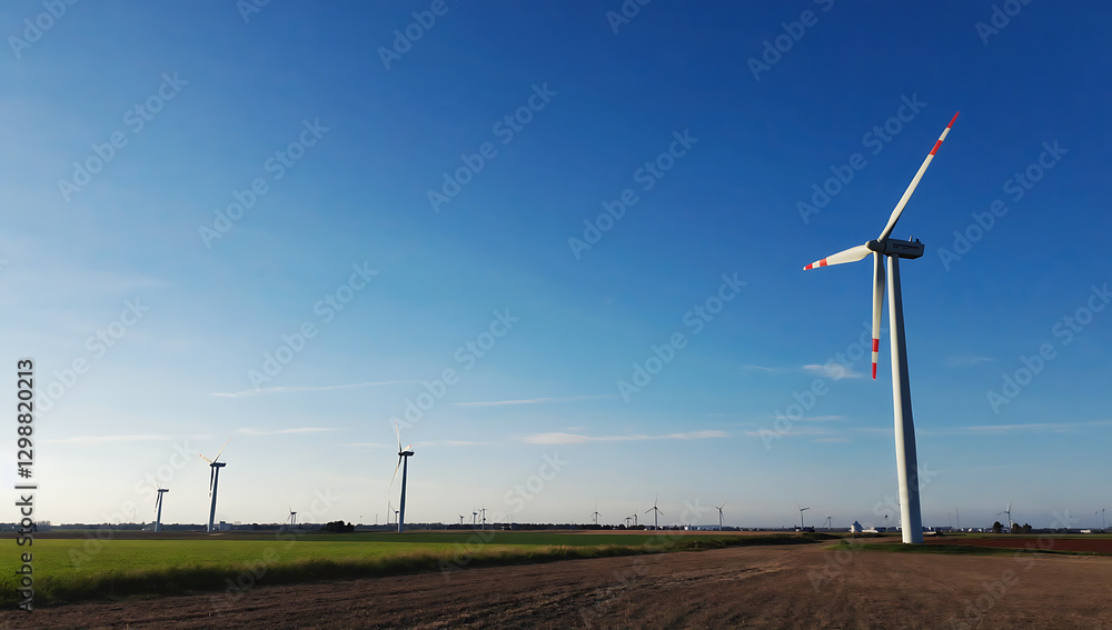 Wind turbines in a field under a blue sky Wind turbines in a field under a blue sky