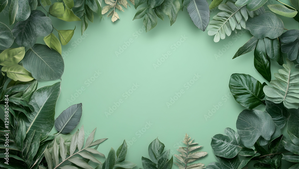Fototapeta premium Green leaves border a light green background