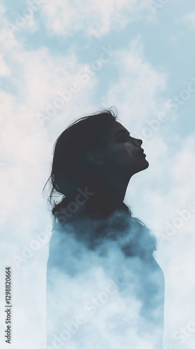 woman tilting head pastel blue mist