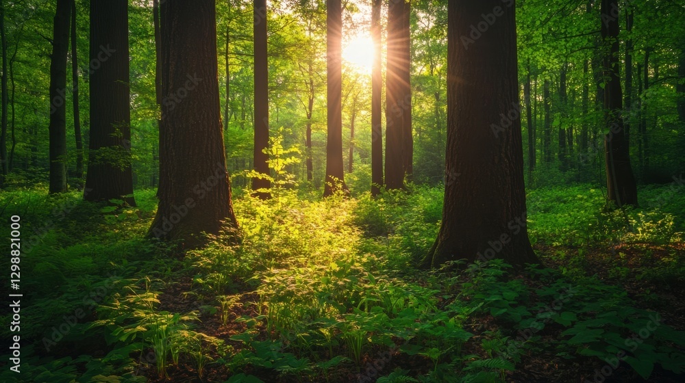 Fototapeta premium sunlit forest path in lush green woods