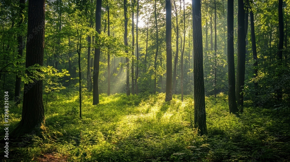 Obraz premium sunbeams in a lush green forest