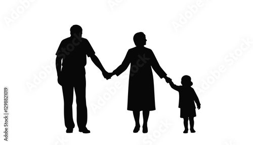 Elderly couple and child holding hands in silhouette, family bond