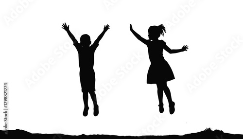 Silhouette of joyful children jumping against white background, freedom