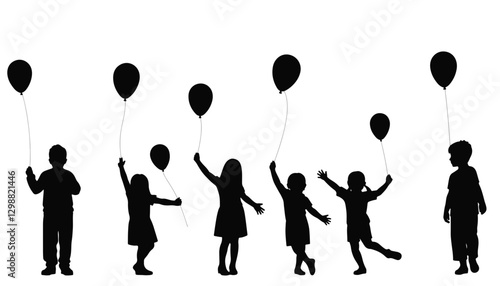 Children joyfully holding balloons in silhouette, celebration of childhood