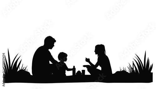 Silhouette family enjoying picnic on grass, togetherness and joy