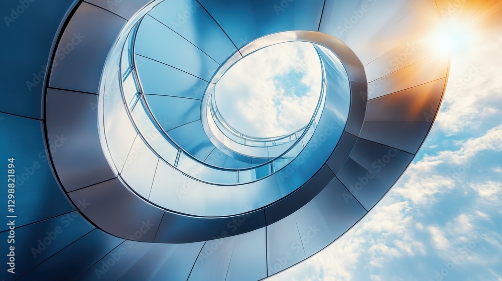 Fototapeta premium A high-tech metallic staircase spiraling into the sky, representing innovation, career advancement, and mental growth. --ar 16:9 --v 6.1 Job ID: 5620989e-e445-469a-b447-b5e43998015c