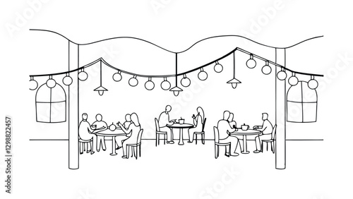 Outdoor Restaurant Patio Dining Scene with String Lights and Lanterns