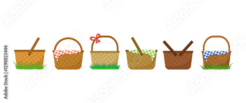 Easter picnic basket icon, straw hamper on grass, empty bag set with bow isolated on white background. Spring vector illustration