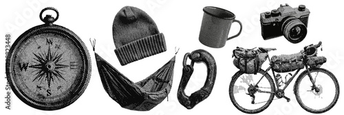 Set of outdoor camping and hiking halftone grunge vector design elements