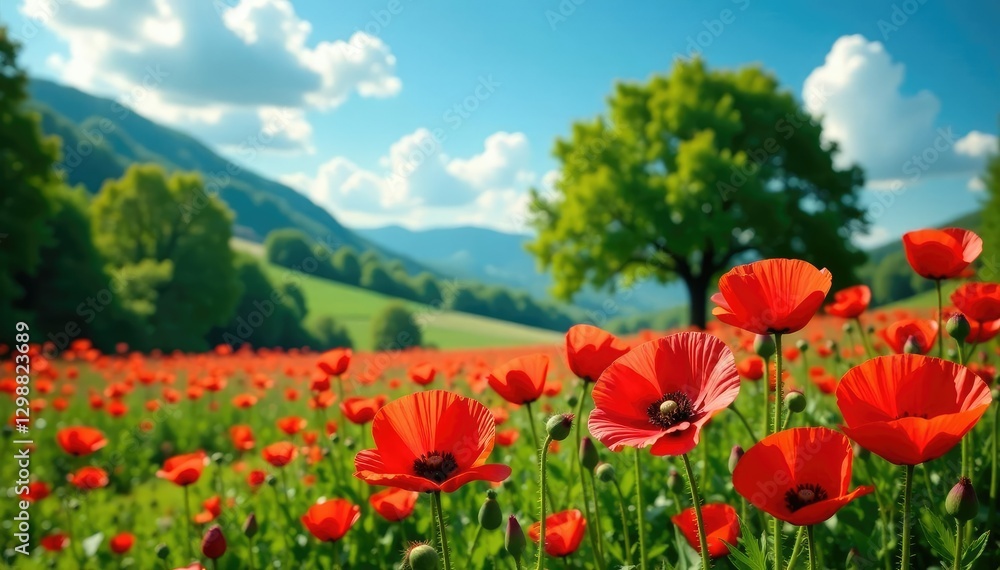 Lush red poppy blooms against a backdrop of green trees and blue sky, landscape, tree Lush red poppy blooms against a backdrop of green trees and blue sky, landscape, tree