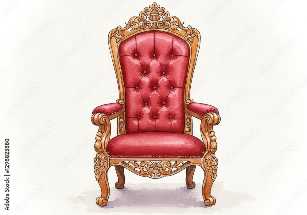 Regal Throne with Ornate Carvings and Rich Red Upholstery - A stunning watercolor cartoon illustration of a regal throne showcasing intricate carvings, luxurious red upholstery Regal Throne with Ornate Carvings and Rich Red Upholstery - A stunning watercolor cartoon illustration of a regal throne showcasing intricate carvings, luxurious red upholstery