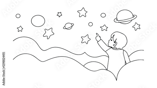 Line drawing of a child sitting on clouds, reaching for stars and planets in a whimsical night sky. Simple, childlike depiction of space exploration and wonder.