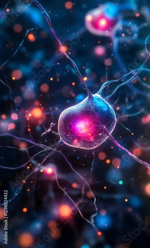 endered illustration of a neuron transmitting signals in the nervous system with synapses and bokeh effect