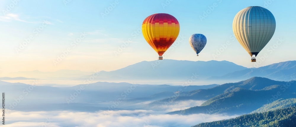 Fototapeta premium Three Hot Air Balloons Soaring Over Misty Mountains