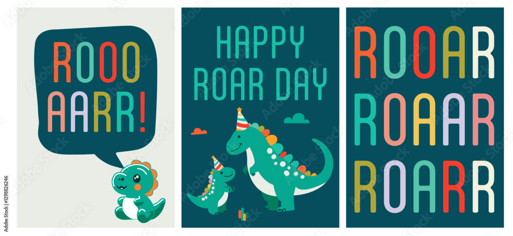 Fototapeta premium Adorable Dino Family Celebration – A Playful, Colorful Poster Collection for Kids’ Parties and Dinosaur-Themed Events