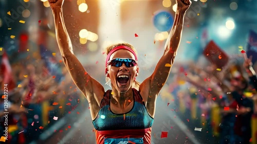 Sprint to Victory: A triumphant female runner, bathed in golden light, crosses the finish line arms raised, amidst a vibrant shower of confetti and the cheers of a jubilant crowd.