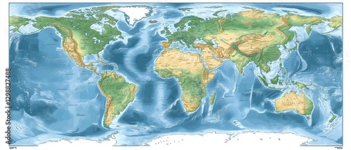 A Detailed Topographic Map of the World with Ocean Depths and Land Elevations