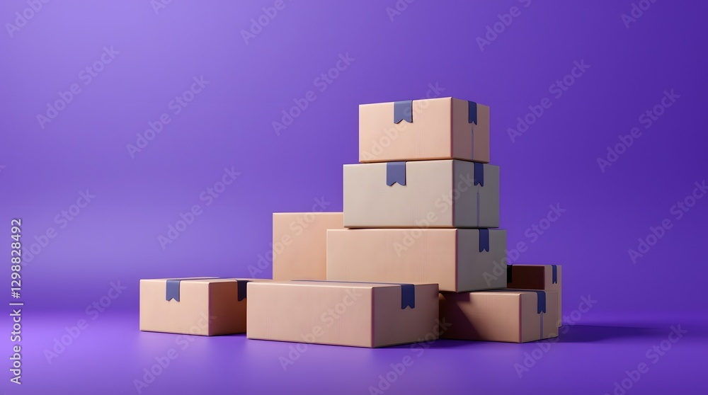 Obraz premium Stacks of neatly arranged yellow-orange delivery boxes against a vibrant purple background, creating a modern and minimalist aesthetic. The scene highlights the concept of shipping, packaging