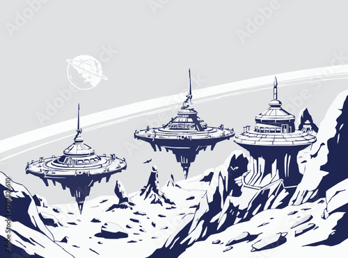 Vector Art of Alien Settlements in Outer Space