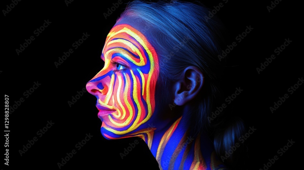 Woman with neon UV makeup and colorful face patterns, glowing softly; abstract artistry blending light and identity. Woman with neon UV makeup and colorful face patterns, glowing softly; abstract artistry blending light and identity.