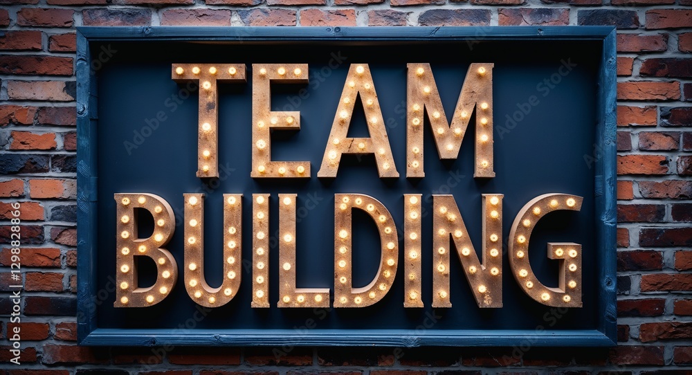 Fototapeta premium team building lettering on a signage in brick wall dark background