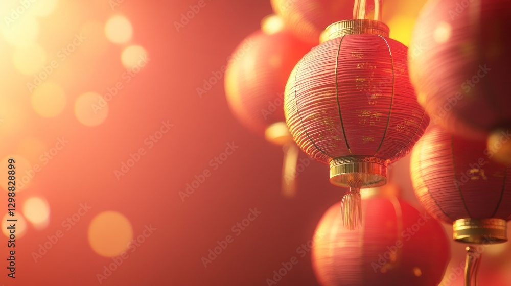 Obraz premium Festive Red Chinese Lanterns Hanging with Golden Bokeh Lights Backdrop