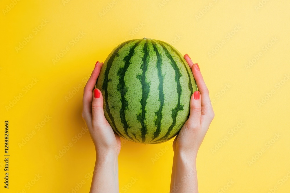 Two hands gently cradle a ripe green watermelon against yellow Two hands gently cradle a ripe green watermelon against yellow
