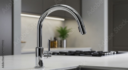 Sleek chrome faucet gleams brightly under soft kitchen lighting. AI Generated photo