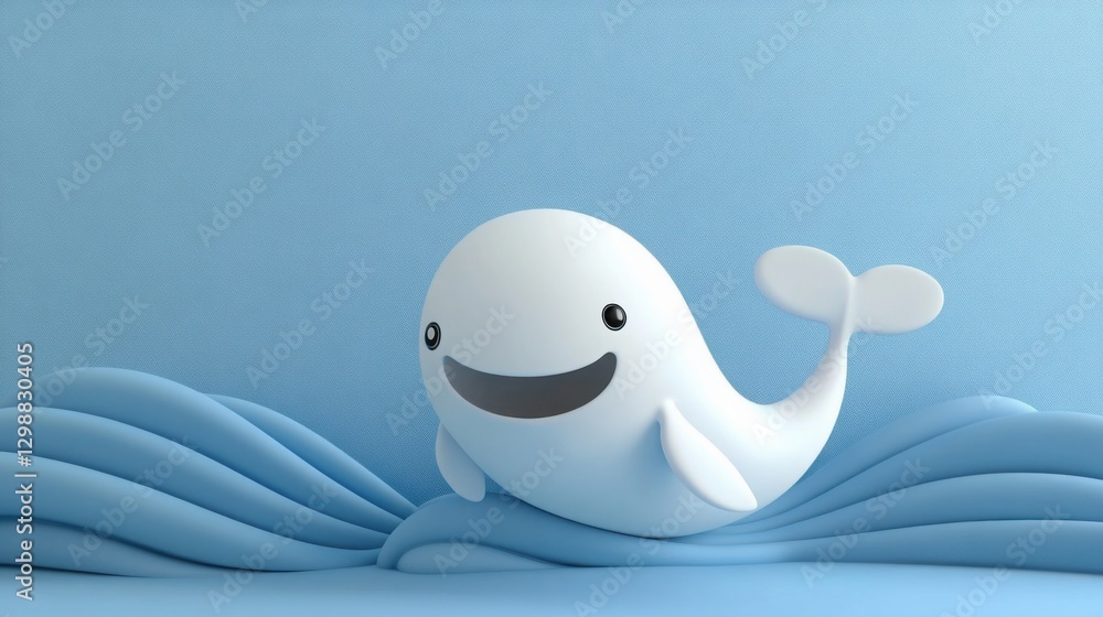 Cheerful 3D cartoon whale with a tiny water spout, set in front of a simple, wavy blue background Cheerful 3D cartoon whale with a tiny water spout, set in front of a simple, wavy blue background