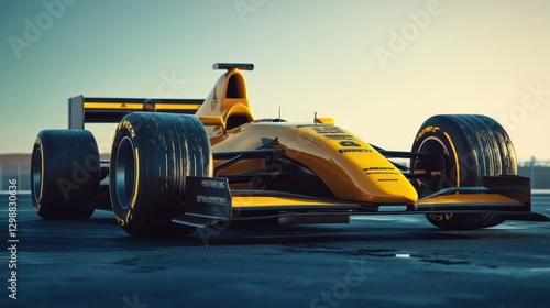 Yellow Racing Car on Track at Dawn