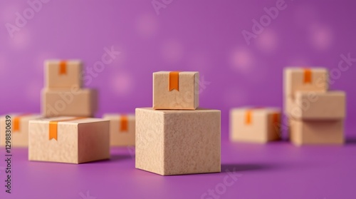 Stacks of neatly arranged yellow-orange delivery boxes against a vibrant purple background, creating a modern and minimalist aesthetic. The scene highlights the concept of shipping, packaging