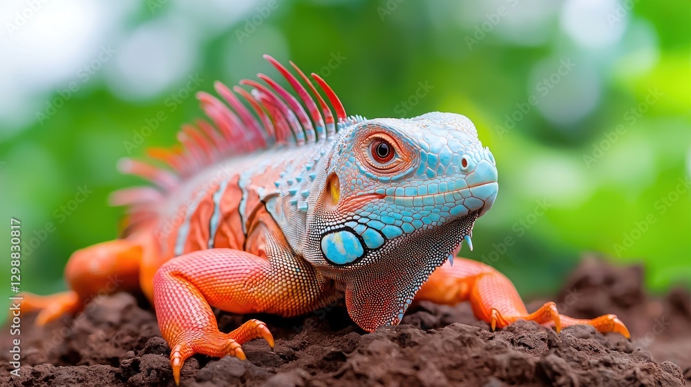 Colorful iguana on ground, lush green background Colorful iguana on ground, lush green background