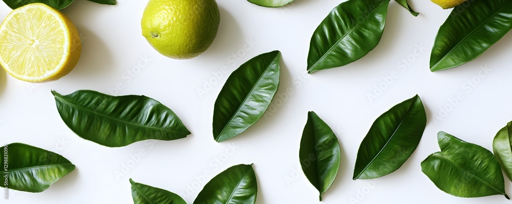 Fresh citrus fruits and vibrant green leaves arranged neatly Fresh citrus fruits and vibrant green leaves arranged neatly
