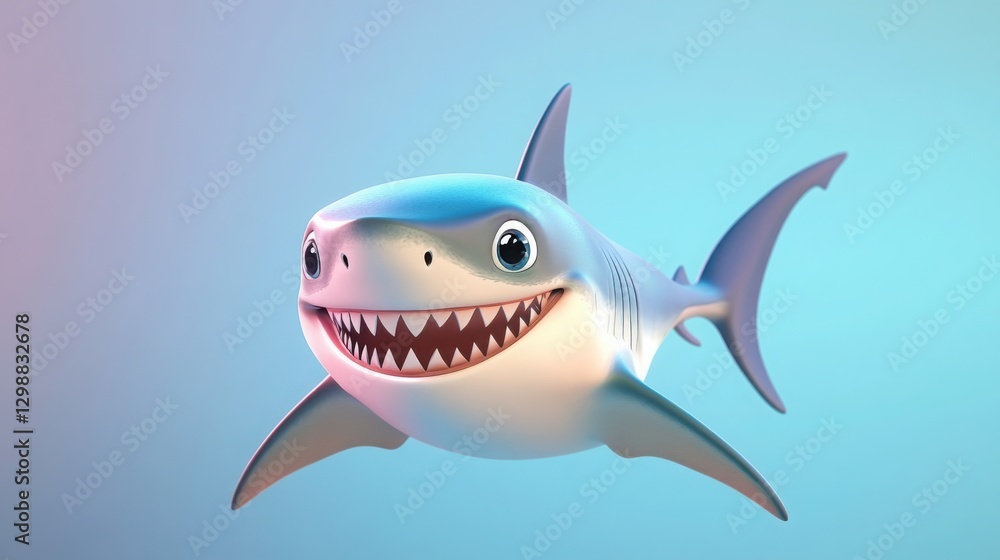 Cute high 3D cartoon shark with a friendly smile, swimming in front of a soft blue gradient background Cute high 3D cartoon shark with a friendly smile, swimming in front of a soft blue gradient background