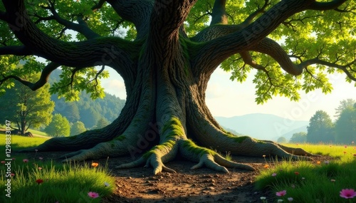 Ancient oak's massive trunk and roots exposed, organic, ancient