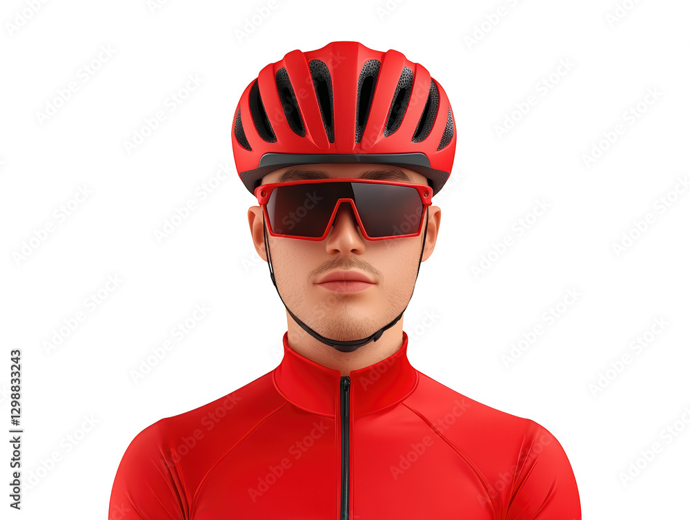 A cycling athlete wearing a red helmet and sunglasses, dressed in a matching red jersey, exuding a sporty and focused demeanor. A cycling athlete wearing a red helmet and sunglasses, dressed in a matching red jersey, exuding a sporty and focused demeanor.