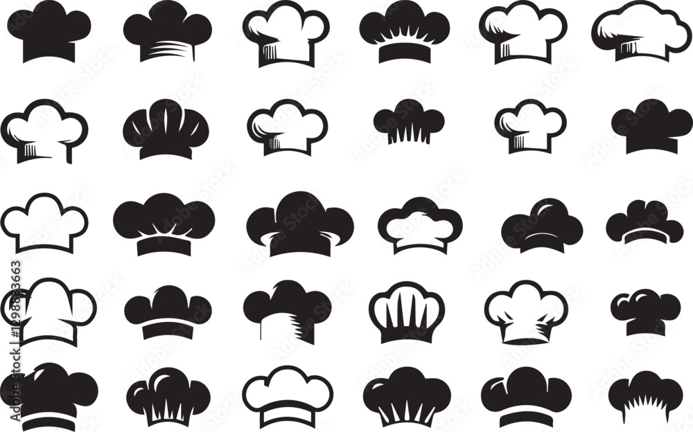 Chef hat silhouette icons set, professional cooking symbols, kitchen uniform vector designs, culinary logo concepts, food industry illustrations, chef hats for branding, menus, advertisements Chef hat silhouette icons set, professional cooking symbols, kitchen uniform vector designs, culinary logo concepts, food industry illustrations, chef hats for branding, menus, advertisements