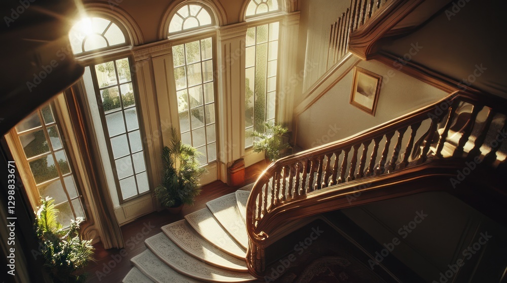 Sunlit grand spiral staircase in a historic mansion Sunlit grand spiral staircase in a historic mansion