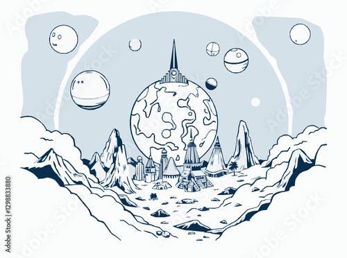 Colonizing New Worlds: Alien Planet Settlement Vector