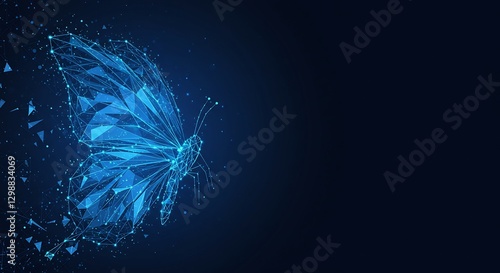 Abstract Blue Butterfly Gently Dissolving Dark Background. AI Generated