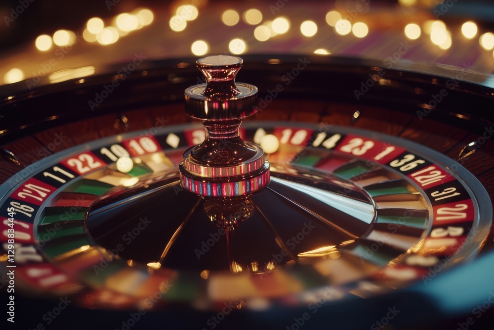 Close-up of a spinning roulette wheel in a casino with a small white ball in motion, reflecting warm golden lights in the background Close-up of a spinning roulette wheel in a casino with a small white ball in motion, reflecting warm golden lights in the background