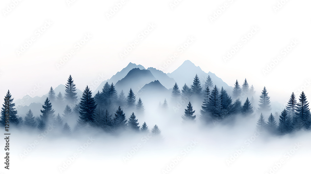 Obraz premium Misty forest landscape with mountains in background, creating serene atmosphere
