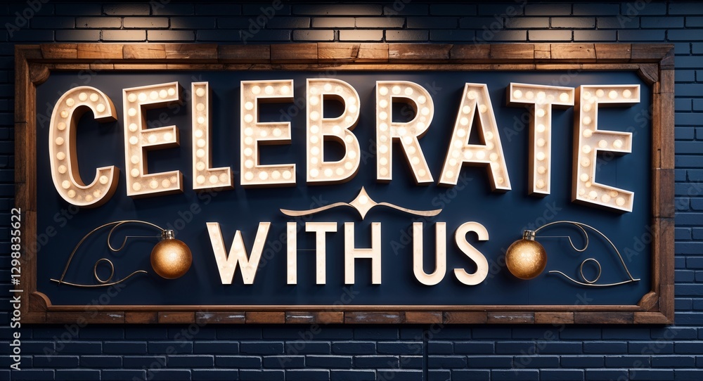 Fototapeta premium celebrate with us lettering on a signage in door background