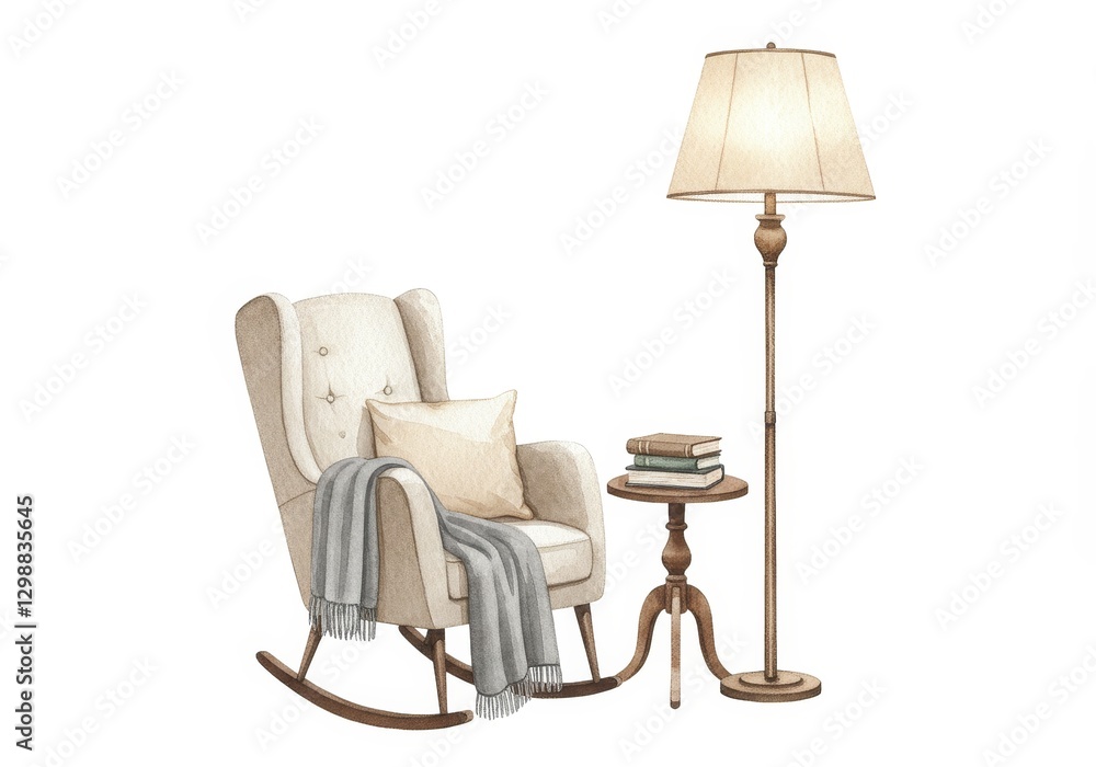 Cozy Rocking Chair with Soft Textiles and Warm Light - This cozy cartoon illustration features a rocking chair, side table with books, and a lamp, creating a warm and inviting atmosphere Cozy Rocking Chair with Soft Textiles and Warm Light - This cozy cartoon illustration features a rocking chair, side table with books, and a lamp, creating a warm and inviting atmosphere