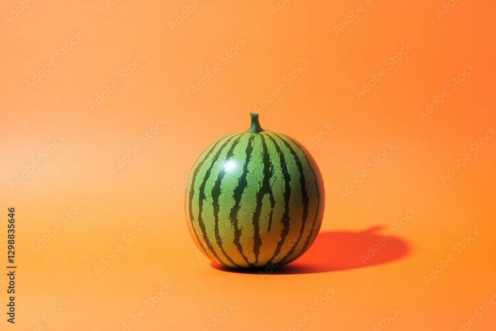 A fresh green watermelon isolated against a vibrant orange background A fresh green watermelon isolated against a vibrant orange background