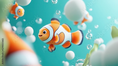 Playful 3D cartoon clownfish swimming joyfully against a soft turquoise ocean background --ar 16:9